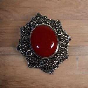 Vintage Silver 925 Carnelian Marcasite Pendant and Pin Victorian Design 1”